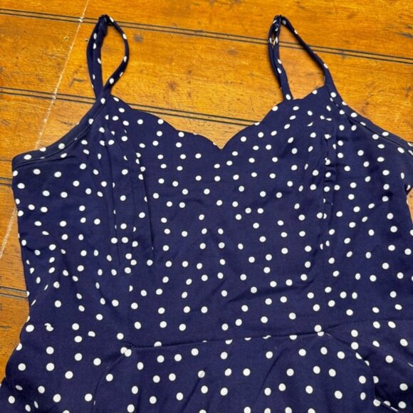 41 Hawthorn Navy Blue Polka Dot Fit and Flare Dress Small Petite Sweetheart Neck - Picture 2 of 4